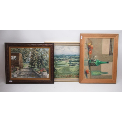 1314 - Three oil on board pictures, incl. a view of the Vale of York, a still life, and a view of a cottage... 