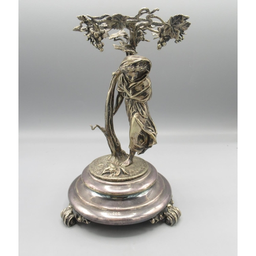 1398 - Early 20th century silver plated figural comport, modelled as a woman beneath a vine, lacking dish, ... 