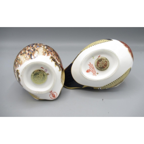 1606 - Royal Crown Derby paperweights, comprising Carolina Duck, and a tawny owl, both with gold stoppers (... 