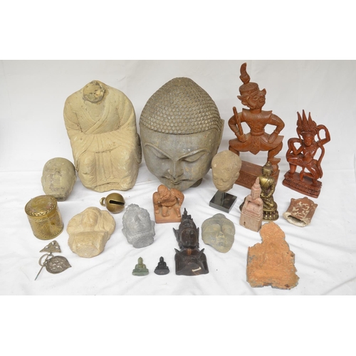 224 - Collection of mostly eastern stone and wood figure carvings to include Buddha, Thai temple guard, so... 