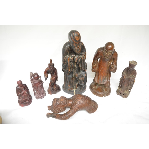 226 - Collection of wood carved figures, most appear Chinese in origin. Largest figure H33cm (7). (Victor ... 