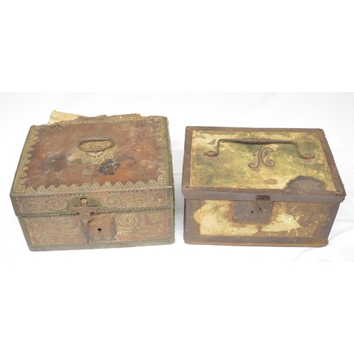 24 - Circa 17th century leather bound table box with wrought metal flap lock and ornate metal pinned desi... 
