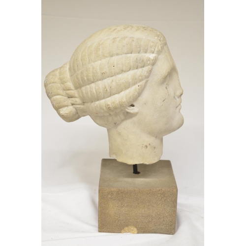 30 - Marble carved head of a Roman style lady/Aphrodite with platted hair set on stone plinth. H36cm (Vic... 