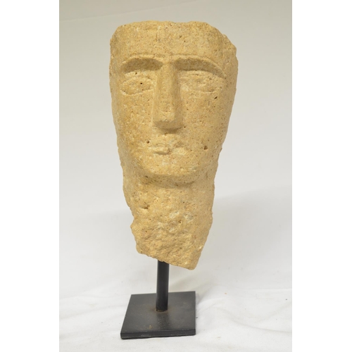 33 - Ancient carved stone head, origin unknown, H30.5cm incl. stand (Victor Brox collection)
