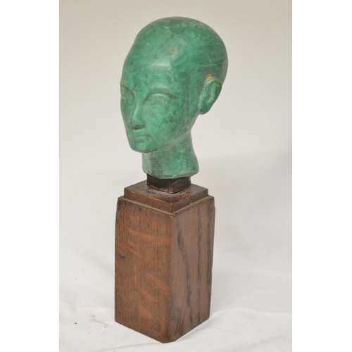 35 - Modern reproduction green coloured female Egyptian style head (H23cm), a smaller and ancient carved ... 