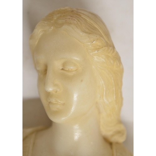 38 - Carved alabaster female bust, marked J Raphael to rear, with base mounting peg. H18cm (Victor Brox c... 