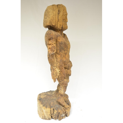 45 - Wood carved woodsman style full figure (extensive woodworm, H68cm) and another wood carving of a man... 