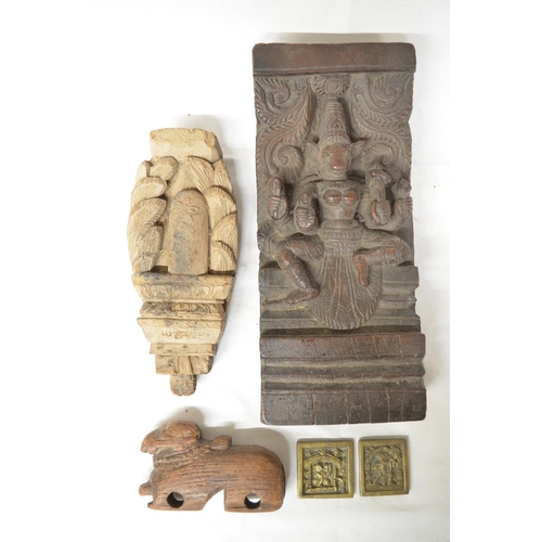 52 - Collection of antique Indian pieces to include wood carved statue of Vishnu, a teak Nandi Bull toy, ... 