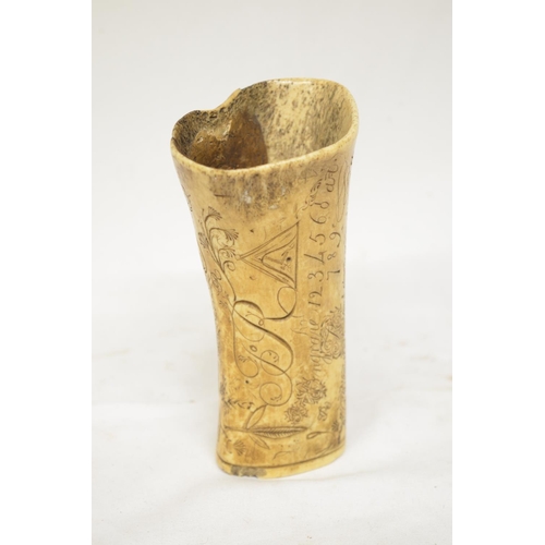 55 - Bone quill holder with scrimshaw design including alphabet, numbers, animals and various symbols and... 