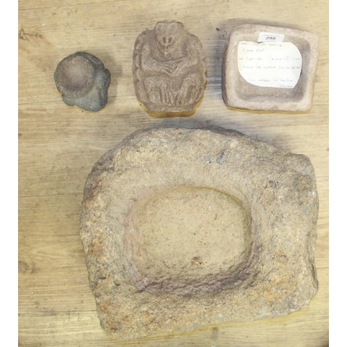 298 - Circa 3/4th century stone mixing bowl 14x12x7cm, a small stone trough and two card stone figures of ... 