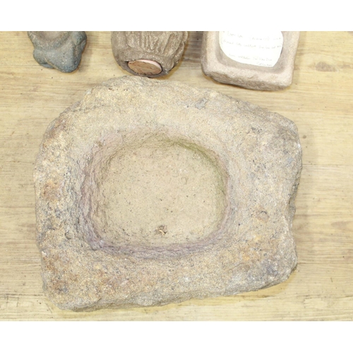 298 - Circa 3/4th century stone mixing bowl 14x12x7cm, a small stone trough and two card stone figures of ... 