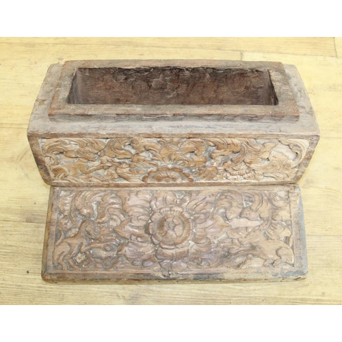 299 - 17/18th century continental carved oak rectangular box with lift of lid, the heavy carved detail dep... 