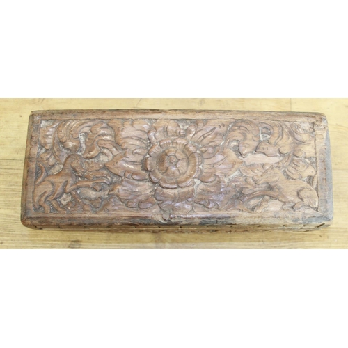 299 - 17/18th century continental carved oak rectangular box with lift of lid, the heavy carved detail dep... 