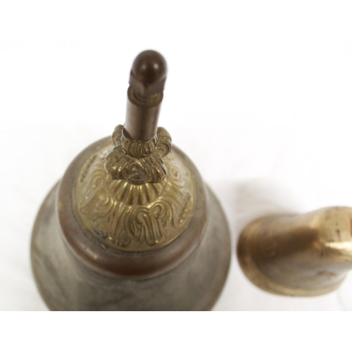 84 - Large brass bell with ornate headstock, lacking original clapper, and a small brass bell casing, max... 