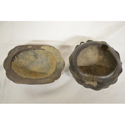 63 - Circular Japanese bronze pot on 3 legs in the shape of a lotus flower (diameter 12cm) and a bronze P... 