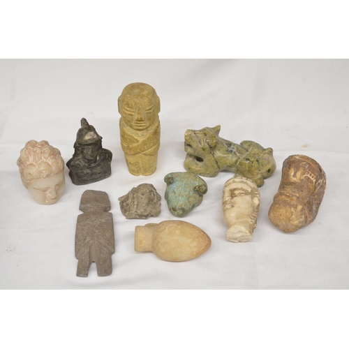 66 - Collection of stone carved and cast metal antiquities including a bronze Minoan Bulls head and small... 