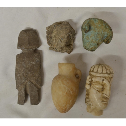 66 - Collection of stone carved and cast metal antiquities including a bronze Minoan Bulls head and small... 