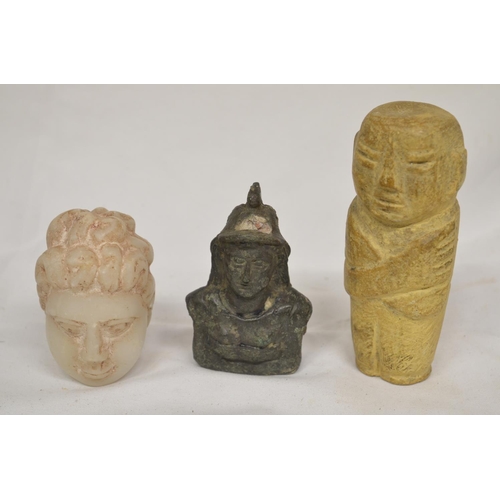 66 - Collection of stone carved and cast metal antiquities including a bronze Minoan Bulls head and small... 