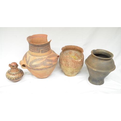 68 - Collection of antique clay pots to include 2 painted examples, the smallest Pre-Columbian with intac... 