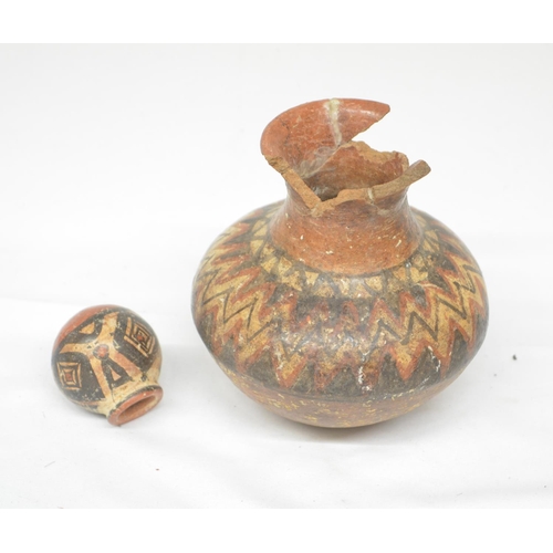 68 - Collection of antique clay pots to include 2 painted examples, the smallest Pre-Columbian with intac... 