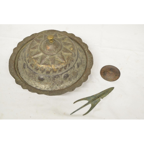 73 - Small collection of Persian antiquities incl. a hammered metal bowl with lid (D24cm), a 9th century ... 