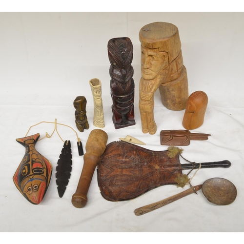 78 - Collection of ethnic art and decorative items including a North American Haida tribal fish rattle, a... 