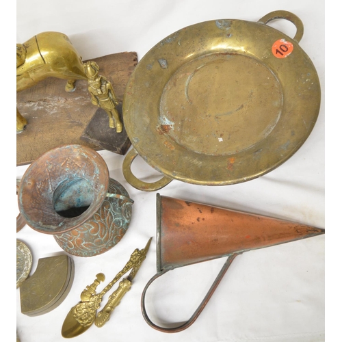 81 - Collection of brass and copper ware to include copper measuring vessels, brass mounted knight, balle... 