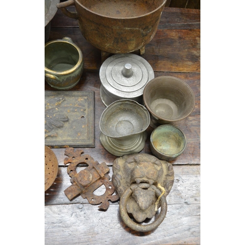 82 - Collection of antique metalware to include pewter plates, corroded copper bowls etc. (Victor Brox co... 