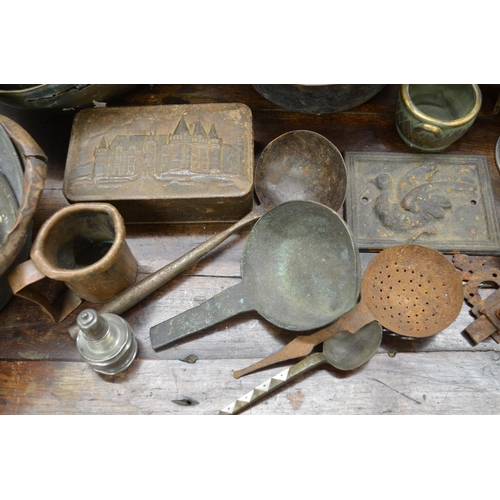 82 - Collection of antique metalware to include pewter plates, corroded copper bowls etc. (Victor Brox co... 