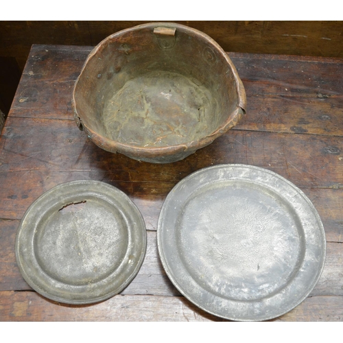 82 - Collection of antique metalware to include pewter plates, corroded copper bowls etc. (Victor Brox co... 