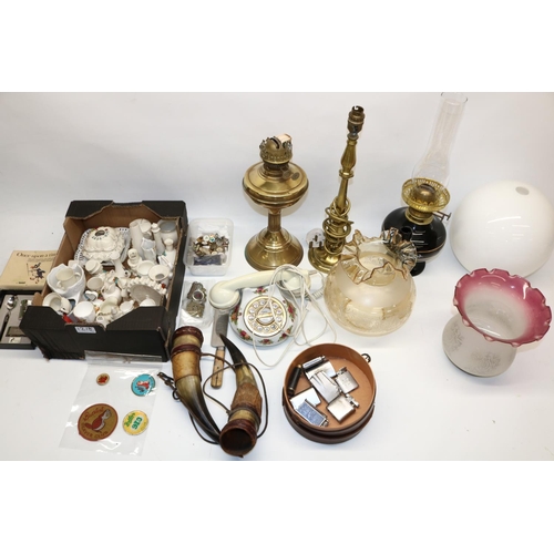 1218 - Two oil lamps with three glass reservoir's, collection of crested china, collection of various light... 