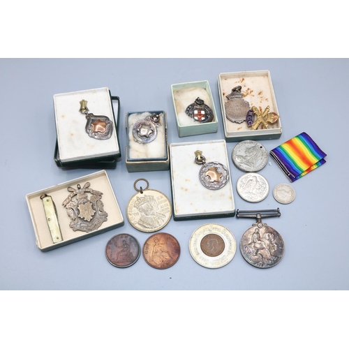 1219 - WWI bravery medal awarded to 3819. GNR. J .W. KENDALL. R. A. with ribbon, four silver fobs, and othe... 