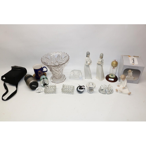 1277 - Mixed collectables incl. four paperweights, Nikon 70-300mm camera lens, glass vase, crystal swans, e... 