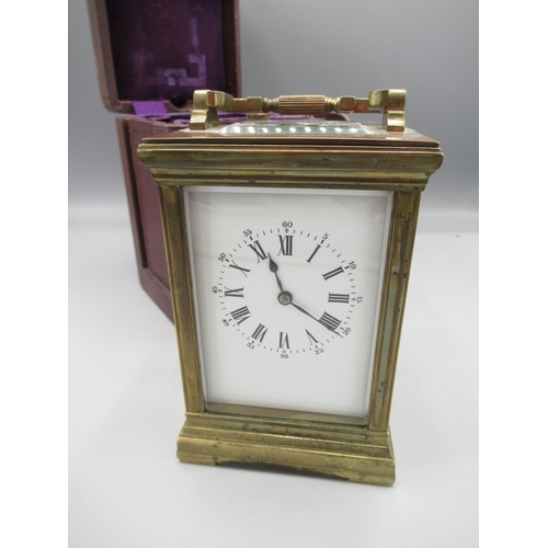 1288 - Early C20th 8 day French brass carriage clock timepiece, moulded case, beveled glass panels no.7263,... 