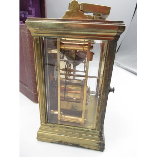 1288 - Early C20th 8 day French brass carriage clock timepiece, moulded case, beveled glass panels no.7263,... 