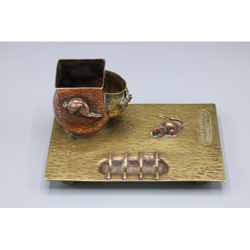 1729 - Japanese Meiji period match holder and strike, relief moulded with rats and a frog, L16cm