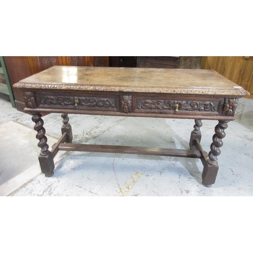 1184 - C19th oak Jacobean style side table, with two frieze drawers on barley twist legs, jointed under str... 