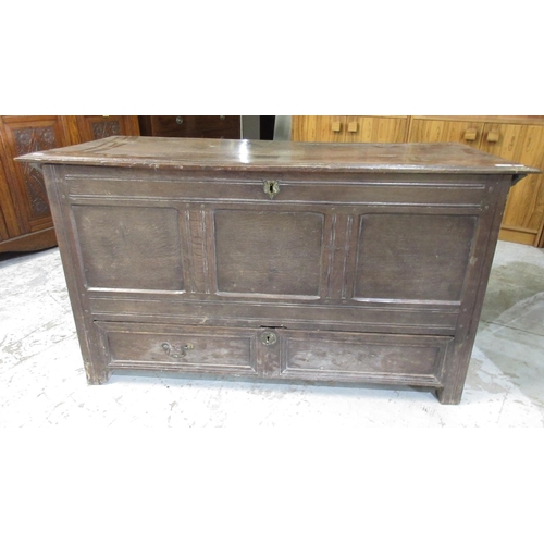 1185 - C18th oak mule chest, triple panel front, over long drawer, W140cm D62cm H79cm