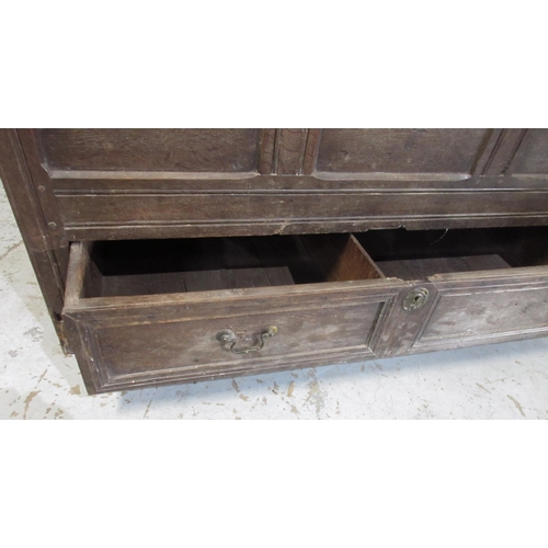 1185 - C18th oak mule chest, triple panel front, over long drawer, W140cm D62cm H79cm