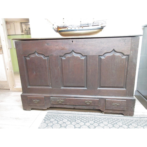 1186 - C18th oak mule chest, triple arched panel front, over single long flanked by two short drawers, W142... 