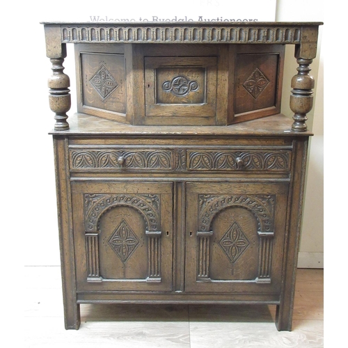 1189 - C20th oak Jacobean court cupboard, with carved drawers over two carved panel doors, W108cm D46cm H13... 