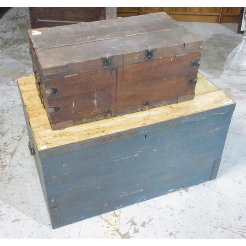 1189B - C20th large painted pine metal bound storage box, W94cm D62cm H51cm and smaller pine carpenter's too... 