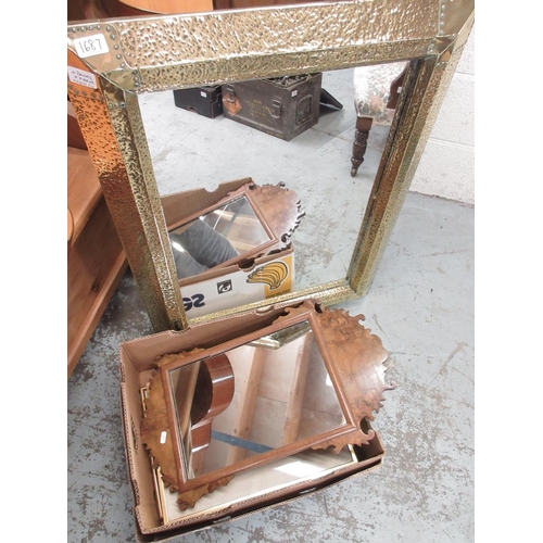 1687 - C20th hammered brass framed rectangular wall mirror, H84cm W66cm, figured walnut framed wall mirror,... 