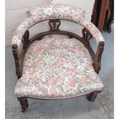 1688 - Edwardian walnut salon chair, low curved back on turned supports with casters