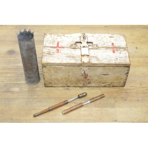 105 - WITHDRAWN Vintage military wooden first aid box (W45xD24xH20cm), a trench art shell casing depicting... 