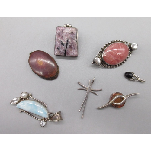 1026 - Collection of six Sterling silver pendants of various sizes set with different coloured stones inclu... 