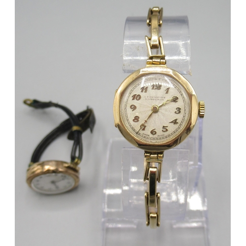 1346 - Ladies Texa 9ct gold wristwatch on rolled gold expanding bracelet, signed silvered engine turned Ara... 