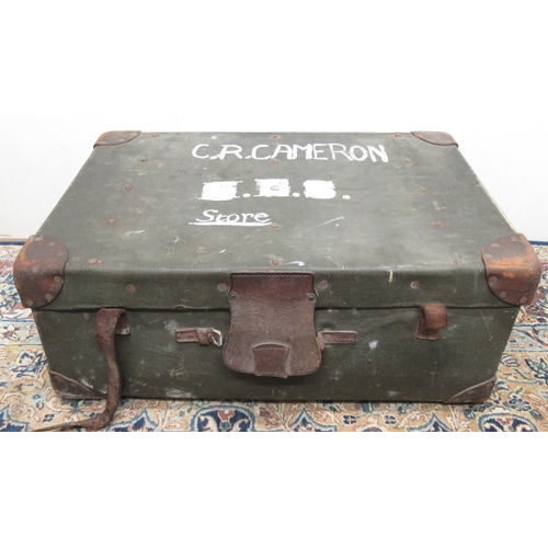 1389 - C20th green canvas and leather bound cabin trunk, lift out tray, L76cm and mid C20th canvas and bras... 