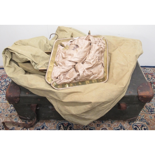 1389 - C20th green canvas and leather bound cabin trunk, lift out tray, L76cm and mid C20th canvas and bras... 