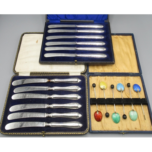 143A - 20th Century cased set of six silver gilt and enamelled teaspoons with coffee bean terminals by Adie... 